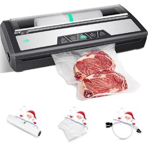 Vacuum Sealer Machine, 80Kpa Stainless Steel Automatic Food Sealer Machine for Food Preservation Storage with Air Sealing System, Dry and Moist Modes, Starter Kit with Roll Holder,Bags,Hose (White)