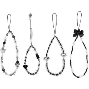 4pcs Beaded Phone Chain, Crystal Beaded Phone Wrist Beaded Phone Wristlet Strap Pearl Cell Phone Lanyard Stationery Decoration Charm Phone Bracelet Pendant for Women