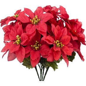 2 Pcs Poinsettias Artificial Christmas Flowers Red Poinsettia Bushes for Christmas Decor 7 Heads Fake Silk Poinsettia Flowers Velvet Bouquet for Home Xmas Tree Table Centerpiece Holiday