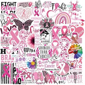 50pcs Breast Cancer Awareness Stickers for The People Care About Women Pink Ribbon Caring for Women's Health Stickers for Water Bottle, Laptop, Scrapbook, Journaling Supplies