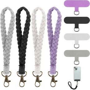 4pcs Boho Macrame Phone Wrist Strap Phone Wristlet with 4pcs Phone Tether Tabs Handmade Wrist Strap Lanyard,Women Men Wrist Lanyard for Keys