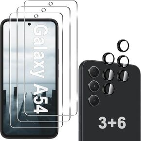 [3+6 Pack] Screen Protector for Samsung Galaxy A54 5G, 3 Pack HD Tempered Glass Screen Protector + 6 Pack Camera Lens Protector, 9H Hardness, Anti-Scratch, Easy Installation, Bubble Free