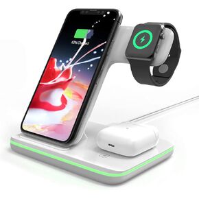 QI Wireless Charging Station, Black, 15W Fast Charger Docking Stand, Compatible with Apple Watch, AirPods, iPhone, Samsung, 3 in 1, Multiple Devices, Nightstand Organizer (Black)