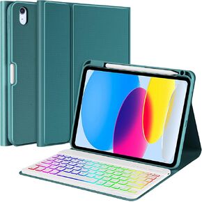 حافظة aMZCaSE لجهاز iPad الجيل العاشر مع لوحة مفاتيح (10.9 بوصة، 2022)، إضاءة خلفية 7 ألوان، لوحة مفاتيح لاسلكية قابلة للفصل مع حامل أقلام لجهاز iPad الجديد الجيل العاشر 2022، الموديل: A2696 A2757 A2777، أخضر داكن in Kuwait