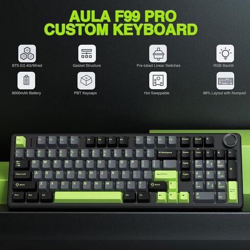 لوحة مفاتيح ميكانيكية لاسلكية AULA F99 Pro، لوحة مفاتيح مخصصة قابلة للتبديل السريع، إضاءة خلفية RGB، مفاتيح خطية مسبقة التشحيم، أغطية مفاتيح PBT مطبوعة جانبية، 2.4 جيجا هرتز/USB-C/لوحة مفاتيح ميكانيكية للألعاب بلوتوث in Kuwait