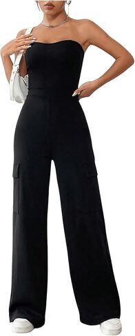 MakeMeChic Women's Casual Solid Backless Sleeveless Jumpsuits Flap Pocket Side Tube Jumpsuit in Saudi Arabia