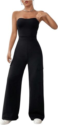 MakeMeChic Women's Casual Solid Backless Sleeveless Jumpsuits Flap Pocket Side Tube Jumpsuit in Saudi Arabia