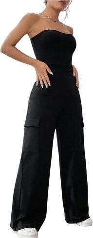 MakeMeChic Women's Casual Solid Backless Sleeveless Jumpsuits Flap Pocket Side Tube Jumpsuit in Saudi Arabia