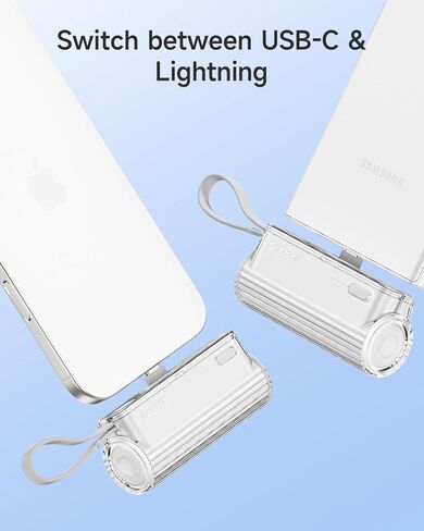 شاحن Flow Mini المحمول لهواتف iPhone وAndroid، بنك طاقة صغير بمقابس قابلة للتغيير وكابل مدمج، حزمة بطارية خارجية USB-C بقدرة 5000 مللي أمبير في الساعة لهواتف iPhone 16/15/14/iPad، أبيض in Kuwait