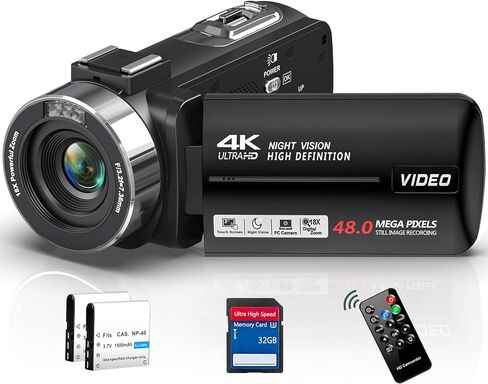 كاميرا فيديو بدقة 4K بدقة 48 ميجابكسل و30 إطارًا في الثانية مع رؤية ليلية بالأشعة تحت الحمراء، ومسجل كاميرا تكبير رقمي 18X، وشاشة LCD تعمل باللمس مقاس 3.0 بوصات، وكاميرا تسجيل فيديو لليوتيوب مع جهاز تحكم عن بعد، وبطاريتين، وبطاقة SD سعة 32 جيجابايت in Kuwait
