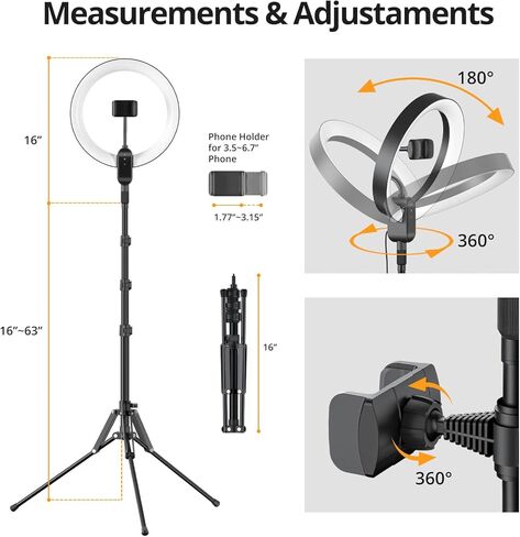 حلقة إضاءة مقاس 12 بوصة مع حامل ثلاثي القوائم، وحاملي هاتف، وارتفاع قابل للتعديل، 2700-6500 كلفن، و3 أوضاع ألوان، و10 مستويات سطوع، وجهاز تحكم عن بعد، ومنشئو المحتوى الأساسيون للبث المباشر، وتيك توك، ويوتيوب in Kuwait