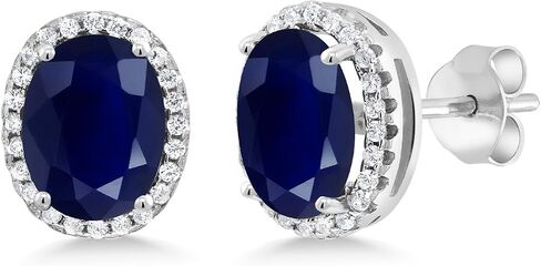 Gem Stone King 925 Sterling Silver Blue Created Sapphire Halo Earrings For Women (5.08 Cttw, Oval 9X7MM) in Kuwait