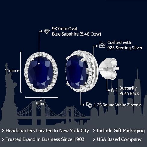 Gem Stone King 925 Sterling Silver Blue Created Sapphire Halo Earrings For Women (5.08 Cttw, Oval 9X7MM) in Kuwait