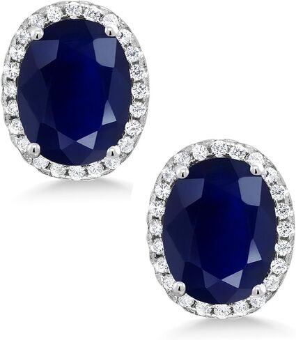 Gem Stone King 925 Sterling Silver Blue Created Sapphire Halo Earrings For Women (5.08 Cttw, Oval 9X7MM) in Kuwait