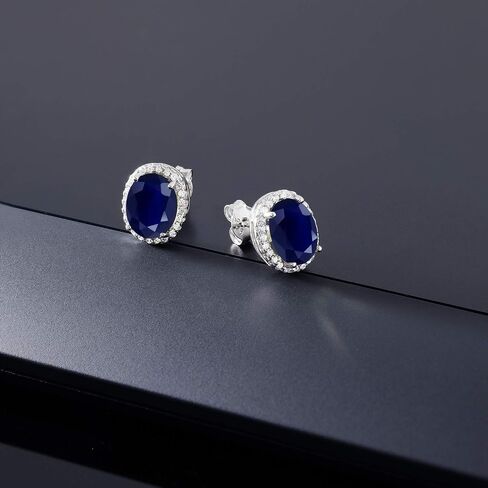 Gem Stone King 925 Sterling Silver Blue Created Sapphire Halo Earrings For Women (5.08 Cttw, Oval 9X7MM) in Kuwait