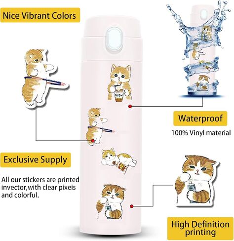 2022 Cute Kitty Stickers Cat Water Bottle Stickers 64 PCS Vinyl Vsco Waterproof Aesthetic Laptop Luggage Skateboard Stickers Gift for Kids and Teens in Saudi Arabia
