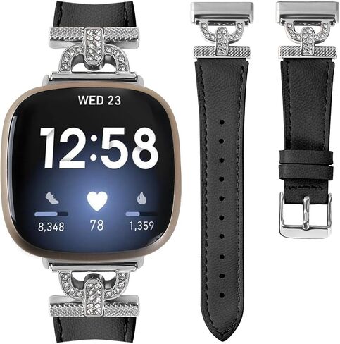 Luxe Leather Bands Compatible With Fitbit Versa 4/Versa 3/Sense 2/Sense Bands For Women D-shaped Bling Metal Buckle Replacement Straps. in Saudi Arabia
