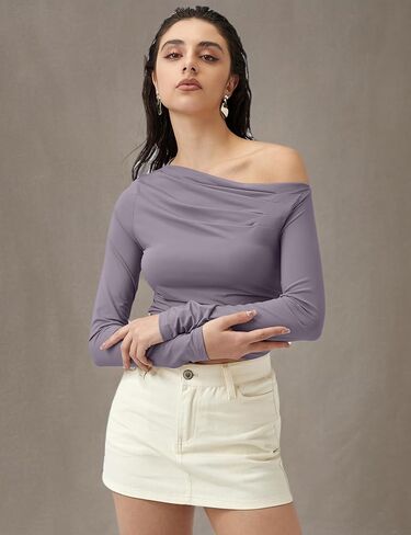 LOMON المرأة قبالة الكتف كم طويل الخروج المحاصيل القمم مثير تي شيرت الربيع Ruched Y2K الملابس in Kuwait