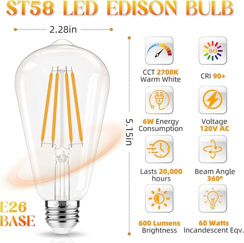 لمبة LED E26، مصابيح إديسون غير قابلة للتعتيم 60 وات، ضوء نهاري أبيض 4000 كلفن، مصابيح إضاءة عتيقة ST58، 90+ CRI، قاعدة متوسطة E26، زجاج شفاف، 6 عبوات in Kuwait