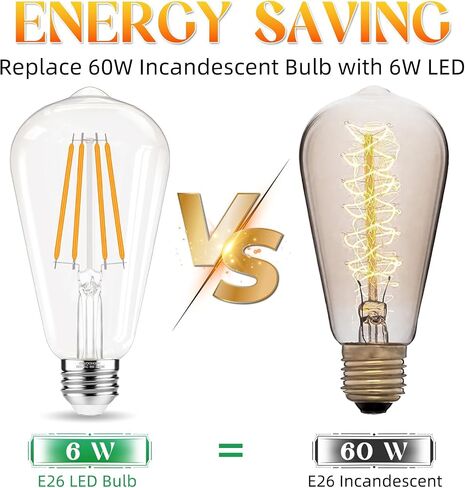لمبة LED E26، مصابيح إديسون غير قابلة للتعتيم 60 وات، ضوء نهاري أبيض 4000 كلفن، مصابيح إضاءة عتيقة ST58، 90+ CRI، قاعدة متوسطة E26، زجاج شفاف، 6 عبوات in Kuwait