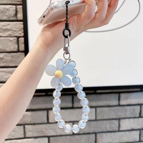 Colorful Flower Daisy Transparent Beaded Phone Charm Y2K Cute Phone Strap Pink Yellow Green Daisy Lanyard Jewelry Keychain Charm for Women -pure blue in Saudi Arabia