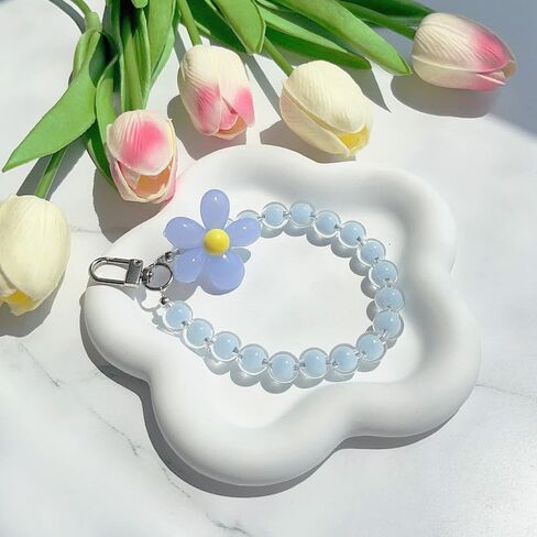 Colorful Flower Daisy Transparent Beaded Phone Charm Y2K Cute Phone Strap Pink Yellow Green Daisy Lanyard Jewelry Keychain Charm for Women -pure blue in Saudi Arabia