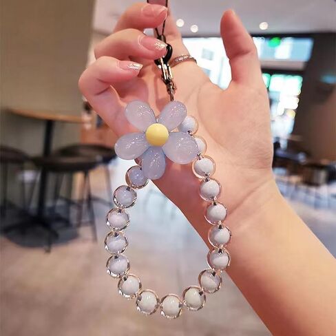 Colorful Flower Daisy Transparent Beaded Phone Charm Y2K Cute Phone Strap Pink Yellow Green Daisy Lanyard Jewelry Keychain Charm for Women -pure blue in Saudi Arabia