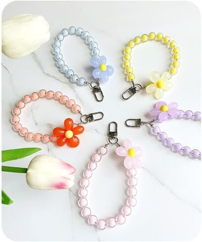 Colorful Flower Daisy Transparent Beaded Phone Charm Y2K Cute Phone Strap Pink Yellow Green Daisy Lanyard Jewelry Keychain Charm for Women -pure blue in Saudi Arabia