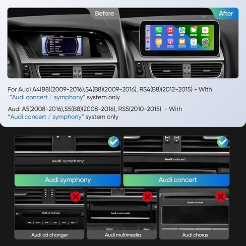 شاشة تشغيل سيارة 10.25 بوصة لسيارة Audi A4 A5 S4 S5 B8 2009-2016 مع نظام الحفلات الموسيقية/السيمفونية، ترقية راديو المصنع بلوتوث اللاسلكي CarPlay Android Auto Stereo استبدال in Kuwait