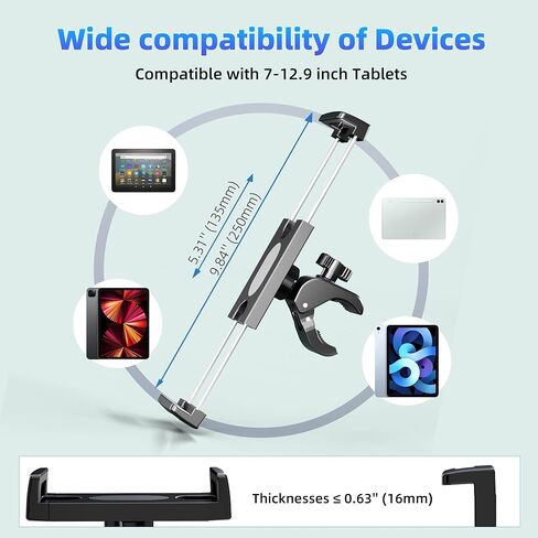 حامل كمبيوتر لوحي، حامل iPad قابل للتعديل للدراجة الداخلية/جهاز المشي/دراجة التمرين/عربة الأطفال/حامل الميكروفون، حامل كمبيوتر لوحي ثابت لجهاز iPad/Galaxy Tab وجميع أجهزة الشاشة مقاس 7-12.9 بوصة in Kuwait