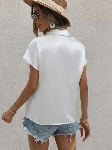 SOLY HUX Women's Twist Front V Neck Short Sleeve Satin Silk Blouse Summer Tops in Saudi Arabia