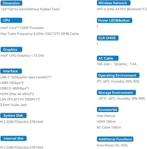 كمبيوتر صغير Beelink، EQi12 أجهزة كمبيوتر صغيرة Intel 1220P (حتى 4.4 جيجا هرتز) 10C/12T، Micro PC 24 جيجابايت LPDDR5 RAM 500 جيجابايت M.2 NVMe SSD، كمبيوتر مكتبي مدمج PSU 4K@60 هرتز/Dual HDMI/WiFi6/BT5.2/ HTPC/W-11 برو in Kuwait