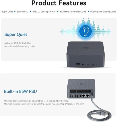 كمبيوتر صغير Beelink، EQi12 أجهزة كمبيوتر صغيرة Intel 1220P (حتى 4.4 جيجا هرتز) 10C/12T، Micro PC 24 جيجابايت LPDDR5 RAM 500 جيجابايت M.2 NVMe SSD، كمبيوتر مكتبي مدمج PSU 4K@60 هرتز/Dual HDMI/WiFi6/BT5.2/ HTPC/W-11 برو in Kuwait