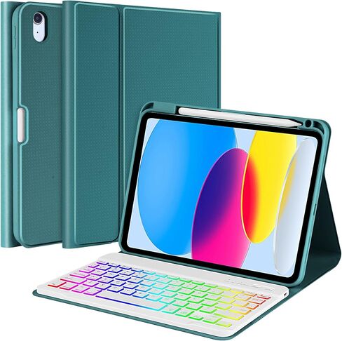 حافظة aMZCaSE لجهاز iPad الجيل العاشر مع لوحة مفاتيح (10.9 بوصة، 2022)، إضاءة خلفية 7 ألوان، لوحة مفاتيح لاسلكية قابلة للفصل مع حامل أقلام لجهاز iPad الجديد الجيل العاشر 2022، الموديل: A2696 A2757 A2777، أخضر داكن in Kuwait