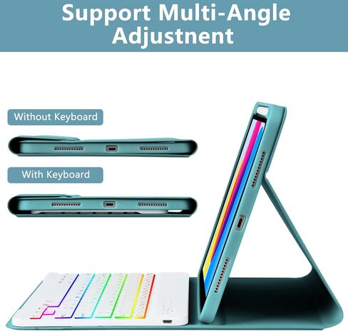 حافظة aMZCaSE لجهاز iPad الجيل العاشر مع لوحة مفاتيح (10.9 بوصة، 2022)، إضاءة خلفية 7 ألوان، لوحة مفاتيح لاسلكية قابلة للفصل مع حامل أقلام لجهاز iPad الجديد الجيل العاشر 2022، الموديل: A2696 A2757 A2777، أخضر داكن in Kuwait