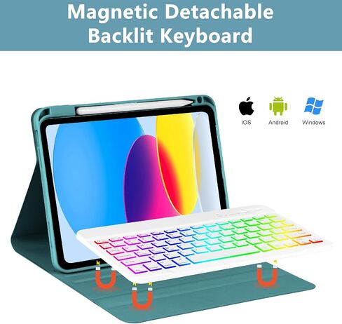 حافظة aMZCaSE لجهاز iPad الجيل العاشر مع لوحة مفاتيح (10.9 بوصة، 2022)، إضاءة خلفية 7 ألوان، لوحة مفاتيح لاسلكية قابلة للفصل مع حامل أقلام لجهاز iPad الجديد الجيل العاشر 2022، الموديل: A2696 A2757 A2777، أخضر داكن in Kuwait