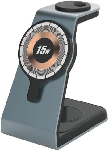قاعدة شحن لاسلكية للآيفون، حامل شاحن 3 في 1، شاحن مغناطيسي سريع 15 وات لهاتف iPhone15 14 13 12Pro/Max/Plus/Mini، 3 وات لأجهزة AirPods، 2.5 وات لساعة iwatch مع هيكل من الألومنيوم باللون الرمادي النجمي in Saudi Arabia