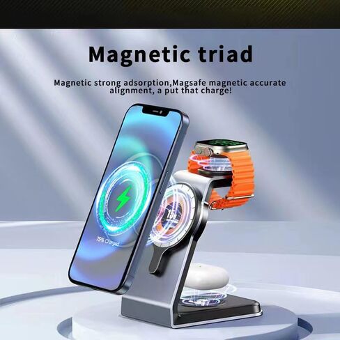 قاعدة شحن لاسلكية للآيفون، حامل شاحن 3 في 1، شاحن مغناطيسي سريع 15 وات لهاتف iPhone15 14 13 12Pro/Max/Plus/Mini، 3 وات لأجهزة AirPods، 2.5 وات لساعة iwatch مع هيكل من الألومنيوم باللون الرمادي النجمي in Saudi Arabia