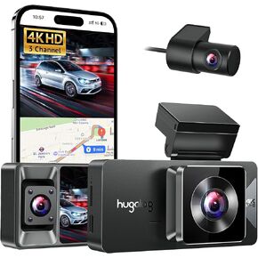 Hugolog 3 Channel Dash Cam 4K+1080P+1080P HD Triple Dashcam with 5G WiFi, 3" IPS Touch Screen, Front and Rear Inside Loop Recording Car Camera with 128G Micro SD Card, Built-in GPS, IR Night Vision