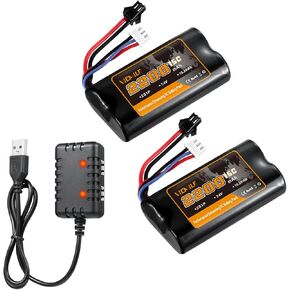 7.4V Li-ion Battery 2200mAh High Capacity RC Battery with SM-2P Plug 2S Rechargeable Battery with 1 to 2 USB Charger Fit for MN WPL RC Car Trucks and RC Boats H101 Battery