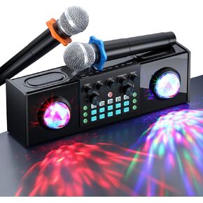 Facmogu All-in-One Live Sound Card, Portable Audio Karaoke Mixer Machine with Dual Wireless Mics, Bluetooth Audio Mixer for Home Karaoke, Live Streaming, Gaming, with Spotlight Control, Voice Changer
