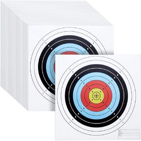 Okuna Outpost 50-Pack Bullseye أهداف نطاق الرماية الورقية الكبيرة لإطلاق النار بالمسدس - 17x17 في حزمة كبيرة لملحقات الصيد والمسدسات ومجموعة الأسلحة والأسلحة النارية ذات التصميم الملون (10 حلقات)