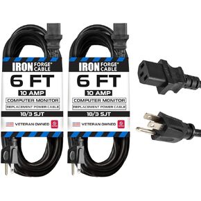 Iron Forge Cable 5 Pack of 10 Ft Power Cords for TV Computer or Monitor (NEMA 5-15P to C13) - 18/3 Replacement Audio & Video Power Cable, Black