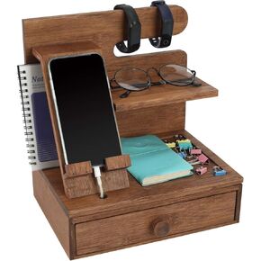 TQVAI Wood Phone Docking Charging Station Nightstand Organizer Bedside Stand, Gifts for Men, Husband, Dad Birthday, Anniversary, Christmas, Retro Brown in Kuwait