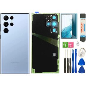 Pop-one Galaxy S22 Ultra Back Glass Cover Housing Door Replacement for Samsung + Tools (Lake Blue)