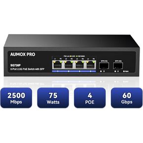 6 Port 2.5G PoE Switch,AUMOX PRO 4 Port 2.5G Network Unmanaged Switch with 2x10G SFP Gigabit Ethernet Unmanaged PoE Switch 75W,Compatible with 100/1000/2500Mbps for Wireless AP, NAS, PC Plug and Play