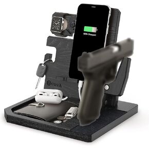 BARVA Adaptive Wood Gun Rack Phone Docking Charging Station Gifts for Men Dad Birthday Ideas Nightstand Organizer Charging Dock Watch Charging Stand Wallet Key Gadget Device Bedroom Bedside Holder