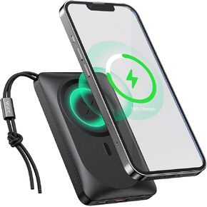 VRURC Wireless Portable Charger for iPhone,10000mAh Magnetic Power Bank, PD 20W Fast Charging USB C Battery Pack with Finger Holder for iPhone 15/14/13/12 Pro/Pro Max/Plus/Mini,Black