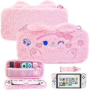 FUNDIARY Pink Travel Carrying Case for Nintendo Switch and Switch OLED, Cute Anime Bunny Accessories Bundle for Switch Console & Joycon with Slim Portable Storage Bag, Shoulder Strap and 2 Thumb Caps