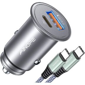 شاحن سيارة USB C سوبر ميني AINOPE جميع المعادن 54 وات شاحن سيارة USB سريع PD&QC 3.0 محول سيارة مزدوج المنفذ متوافق مع iPhone 15 Pro Max/Mini iPhone 14 Pro Max/XR/XS/8، Galaxy S24/23/20، فضي in Kuwait